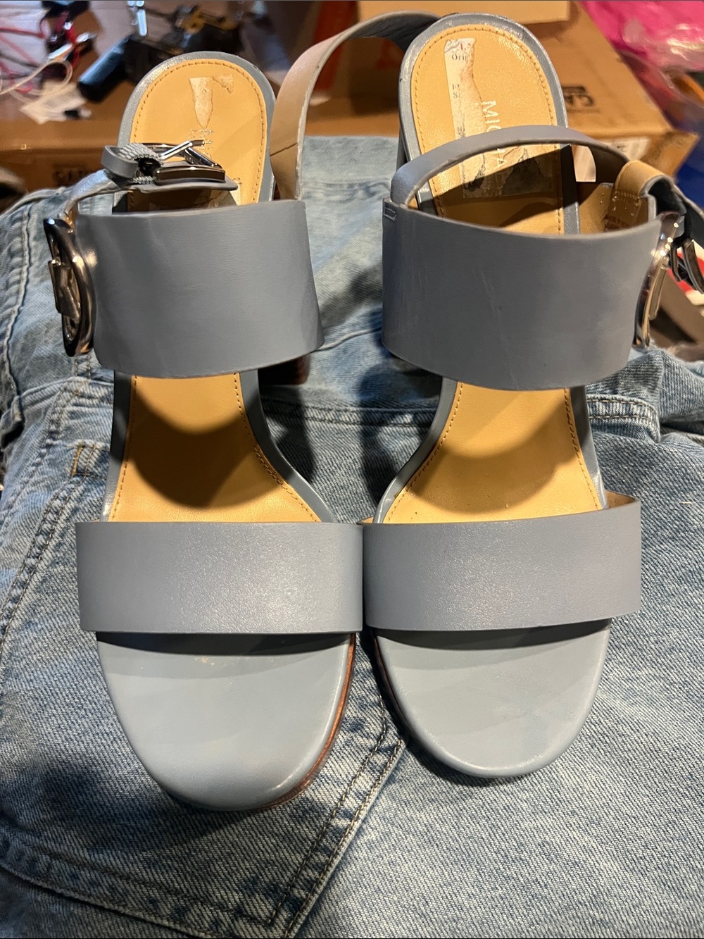 Michael Kors Light Blue Wide Strap Wedge Sandals